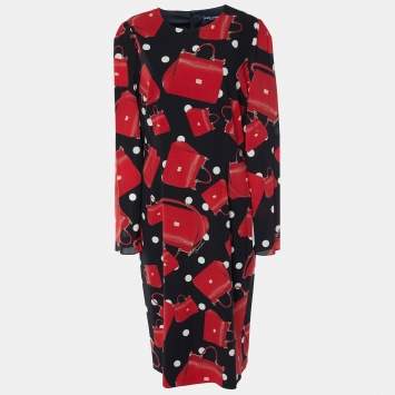Pre Owned Dolce & Gabbana Black Miss Sicily Bag Print Silk Sheath Dress XL