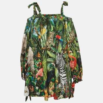 Pre Owned Dolce & Gabbana Green Braces and Jungle Print Poplin Cold Shoulder Mini Dress XL