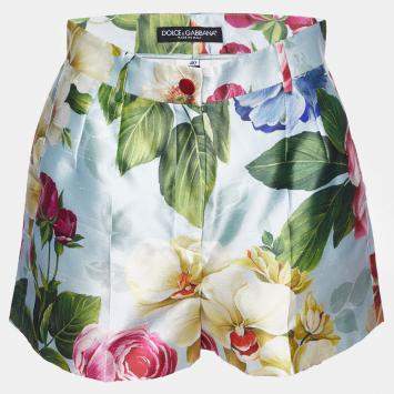 Pre Owned Dolce & Gabbana Blue Floral Print Silk Shorts S (IT 40)