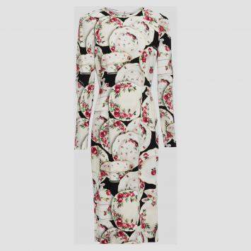 مملوكة مسبقًا Dolce & Gabbana Ivory Floral Crockery Print Crepe Midi Dress L (IT 46)