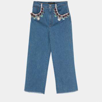 Pre Owned Dolce & Gabbana Blue Embellished Denim Wide Leg Jeans M (IT 42) Waist 30"