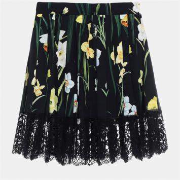 Pre Owned Dolce & Gabbana Black Floral Print Crepe & Lace Pleated Skirt XS (IT 40)