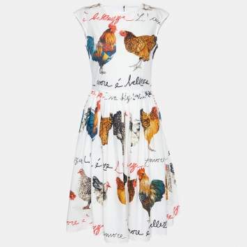 Pre Owned Dolce & Gabbana White Rooster Print Cotton A-line Dress S