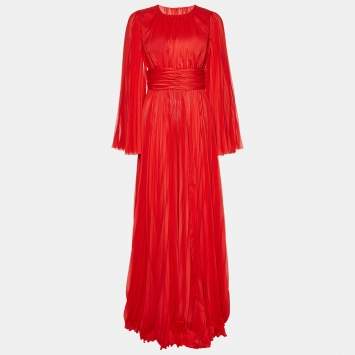 Pre Owned Dolce & Gabbana Red Chiffon Pleated Long Dress S