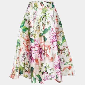 Pre Owned Dolce & Gabbana Light Pink Flowers Print Silk Midi Skirt M
