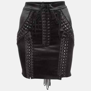 Pre Owned Dolce & Gabbana Black Satin Lace-Up Corset Style Mini Skirt XS