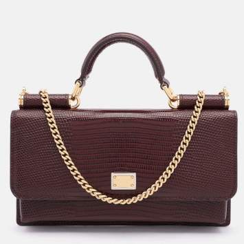 Pre Owned Dolce & Gabbana Burgundy Lizard Embossed Leather Sicily Wallet on Chain