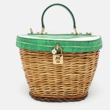 Pre Owned Dolce & Gabbana Multicolor Banana Leaf Print Leather and Wicker Basket Top Handle Bag