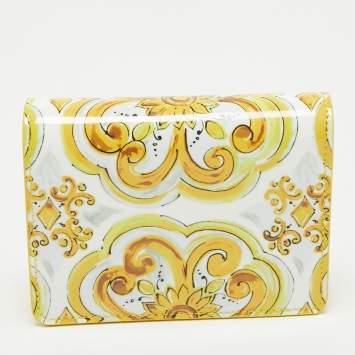 Pre Owned Dolce & Gabbana Yellow Majolica Print Patent and Leather Flap Card Case