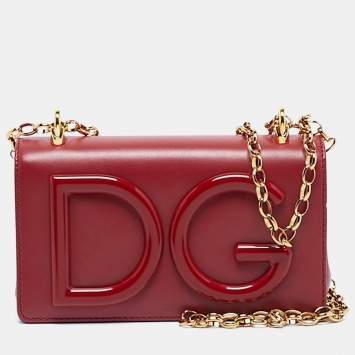 Pre Owned Dolce & Gabbana Red Leather Mini DG Girl Wallet On Chain