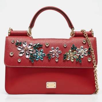 Pre Owned Dolce & Gabbana Red Leather Mini Crystals Sicily Double Flap Bag