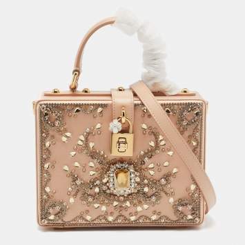 Pre Owned Dolce & Gabbana Beige Satin and Leather Crystal Embellished Rosaria Box Top Handle Bag