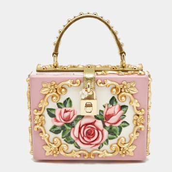 Pre Owned Dolce & Gabbana Pink/Gold Roses Baroque Acrylic Dolce Box Top Handle Bag