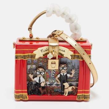 Pre Owned Dolce & Gabbana Red/Gold Acrylic and Leather Fashion House Dolce Box Top Handle Bag