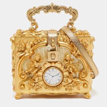 Pre Owned Dolce & Gabbana Gold Barocco Wood Clock Dolce Box Top Handle Bag