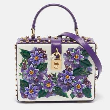 Pre Owned Dolce & Gabbana Purple/White Leather Floral Embellished Dolce Box Top Handle Bag