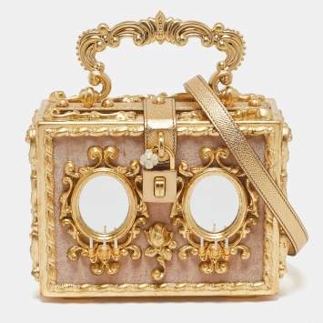 Pre Owned Dolce & Gabbana Gold/Beige Wood and Velvet Mirror Box Regine Top Handle Bag