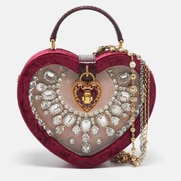 Pre Owned Dolce & Gabbana Burgundy Velvet & Snakeskin Crystal My Heart Box Top Handle Bag