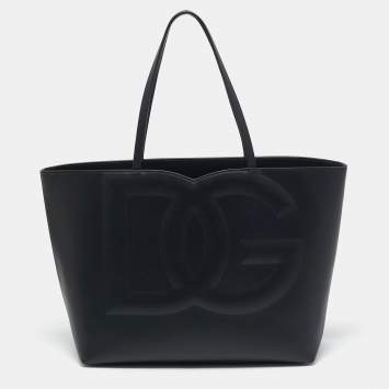 Pre Owned Dolce & Gabbana Black Leather DG Logo Shopper Tote