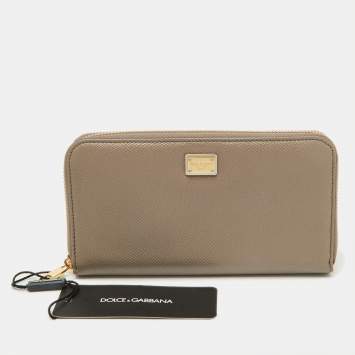 Pre Owned Dolce & Gabbana Taupe Leather Zip Around Wallet