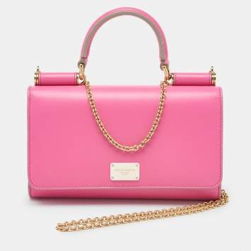 Pre Owned Dolce & Gabbana Pink Leather Sicily Phone Chain Bag