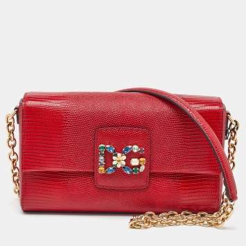 Pre Owned Dolce & Gabbana Red Lizard Embossed Leather DG Amore Chain Shoulder Bag