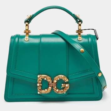Pre Owned Dolce & Gabbana Green Leather DG Amore Top Handle Bag
