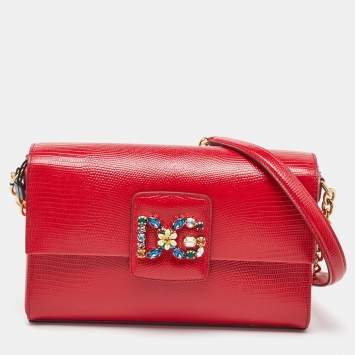 Pre Owned Dolce & Gabbana Red Lizard Embossed Leather DG Amore Chain Shoulder Bag