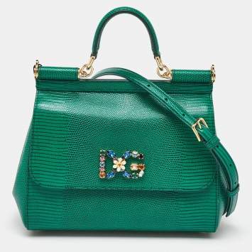 Pre Owned Dolce & Gabbana Green Iguana Embossed Leather Crystal DG Logo Medium Miss Sicily Bag