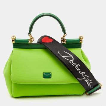 Pre Owned Dolce & Gabbana Neon Green Neoprene and Leather Small Miss Sicily Top Handle Bag