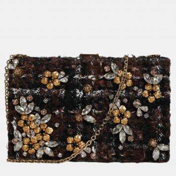 Pre Owned Dolce & Gabbana Floral Tweed Multicolor Fabric Clutch Crossbody Bag
