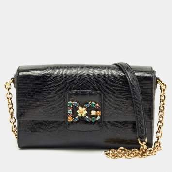 Pre Owned Dolce & Gabbana Black Lizard Embossed Leather DG Millennials Shoulder Bag