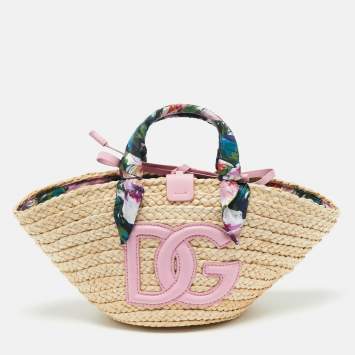 Pre Owned Dolce & Gabbana Pink/Natural Raffia Small Kendra Shopper Tote