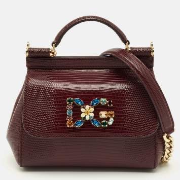 Pre Owned Dolce & Gabbana Miss Sicily Crystal DG Logo Mini Burgundy Lizard Embossed Leather Bag