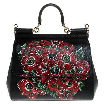 Pre Owned Dolce & Gabbana Black Floral Printed Leather Medium Miss Sicily Top Handle Bag