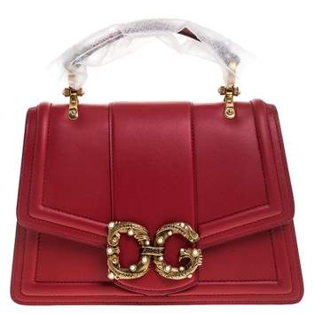 Pre Owned Dolce & Gabbana Red Leather DG Amore Top Handle Bag