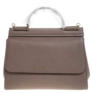 Pre Owned Dolce & Gabbana Dark Beige Leather Large Miss Sicily Top Handle Bag