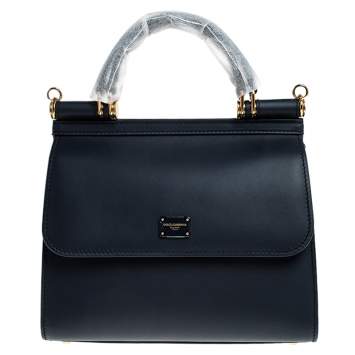 Pre Owned Dolce & Gabbana Navy Blue Leather Sicily 58 Top Handle Bag