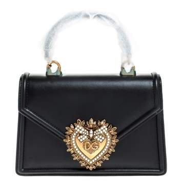 Pre Owned Dolce & Gabbana Black Leather Small Devotion Top Handle Bag