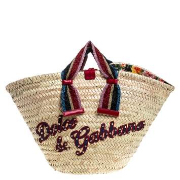 Pre Owned Dolce & Gabbana Beige Woven Raffia Kendra Bucket Bag