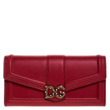 Pre Owned Dolce & Gabbana Red Leather DG Love Continental Wallet