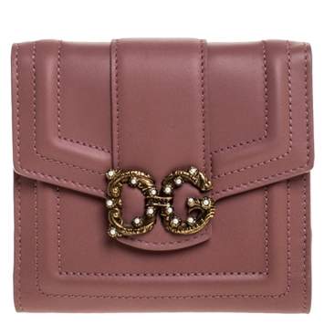 Pre Owned Dolce & Gabbana Old Rose Leather DG Amore Compact Wallet
