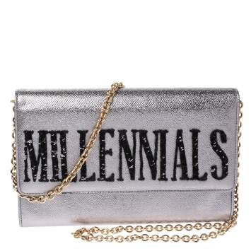 Pre Owned Dolce & Gabbana Metallic Silver Leather Millennials Chain Clutch
