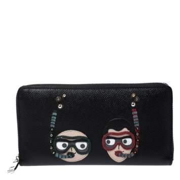 Pre Owned Dolce & Gabbana Black Leather DG Family Patch Zip Around Wallet