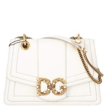 Pre Owned Dolce & Gabbana White Leather DG Amore Bag