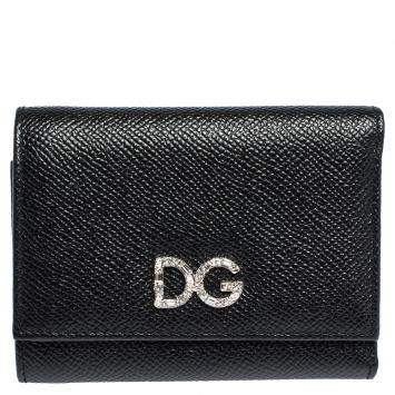 Pre Owned Dolce & Gabbana Black Leather DG Rhinestone Trifold Wallet
