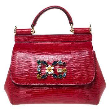 Pre Owned Dolce & Gabbana Red Iguana Embossed Leather Crystal DG Logo Mini Miss Sicily Bag
