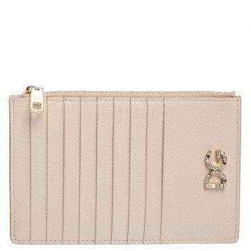 Pre Owned Dolce & Gabbana Beige Leather Crystal Embellished Logo Zipped Card Holder