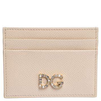 Pre Owned Dolce & Gabbana Beige Leather DG Crystal Logo Card Holder