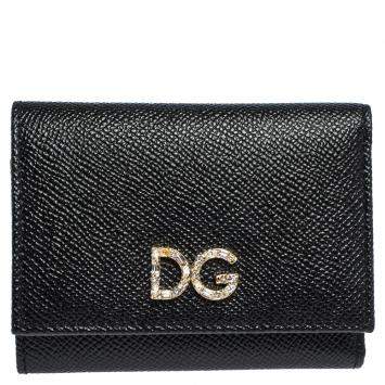 Pre Owned Dolce & Gabbana Black Leather DG Rhinestone Trifold Wallet
